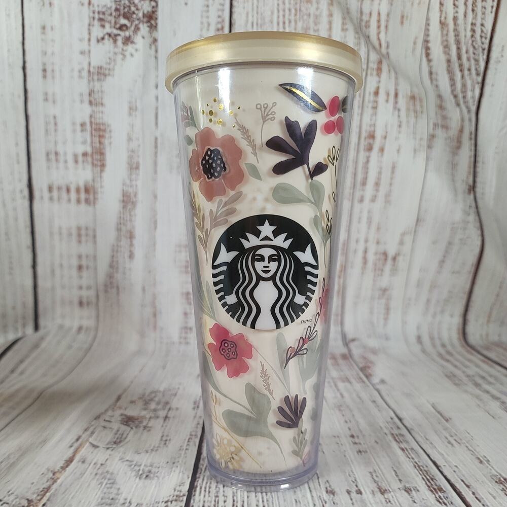 Starbucks Tumbler 24 oz Venti Cold Cup 2014 Floral Flower Pattern Ivory Harvest